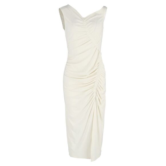 Self-Portrait Asymmetric Ruched Stretch-jersey Midi Dress In Ivory Polyester Self-Portrait Asymmetric Ruched Stretch-jersey Midi Dress In Ivory Polyester
